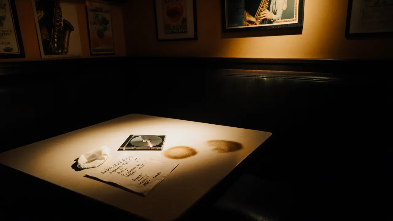 A handwritten CD on a jazz club table with a coffee ring and empty chair in dim, moody lighting.