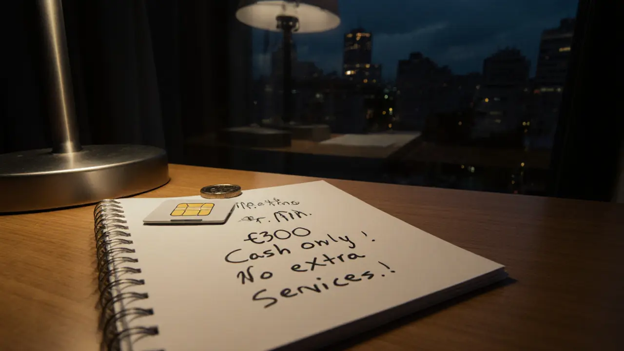 A handwritten note, prepaid SIM card, and euro coin on a wooden surface with a city skyline reflected in a window.