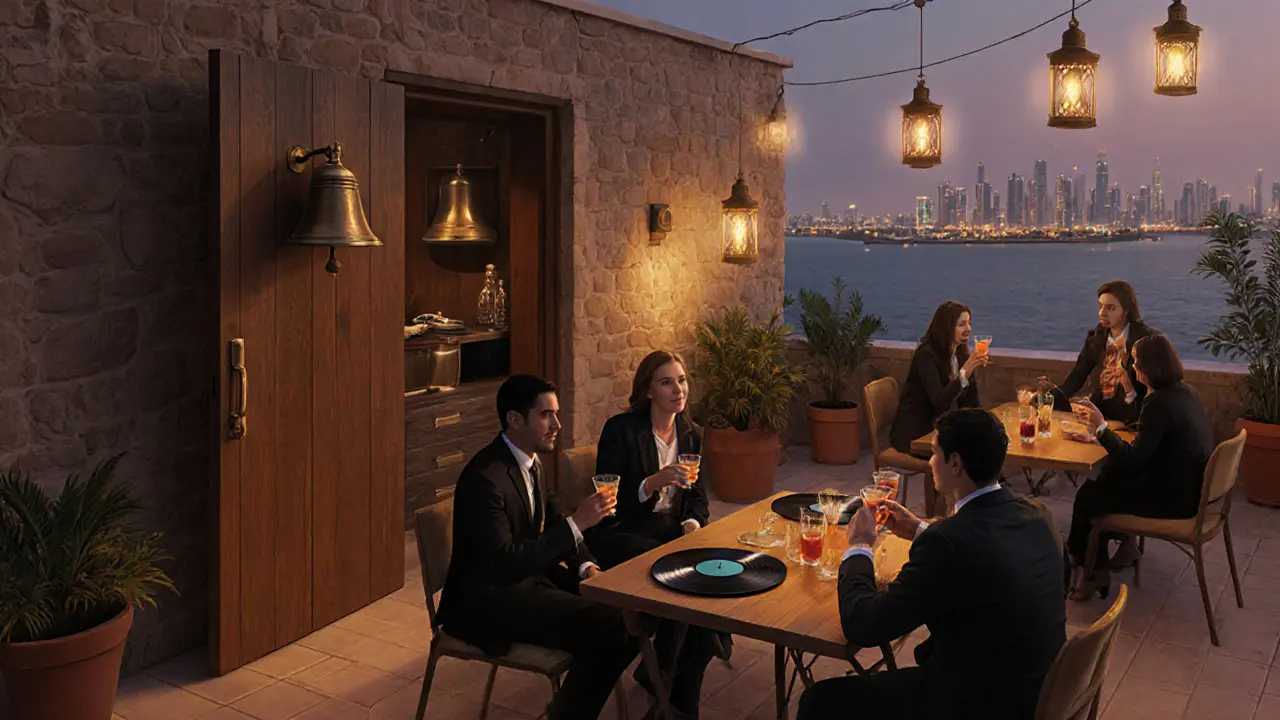 A hidden rooftop bar with lantern light, vintage records, and guests sipping regional cocktails in quiet elegance.