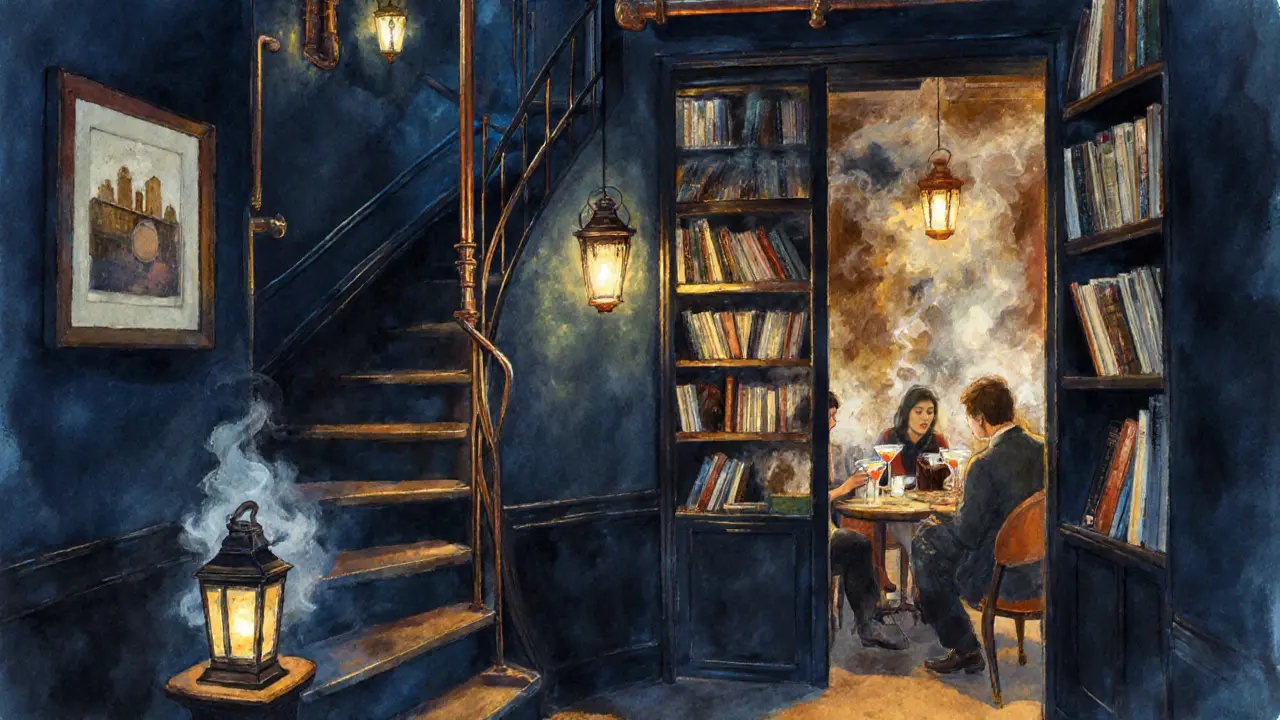 A hidden underground bar beneath London Bridge with lanterns, vinyl records, and patrons sipping cocktails in silence.