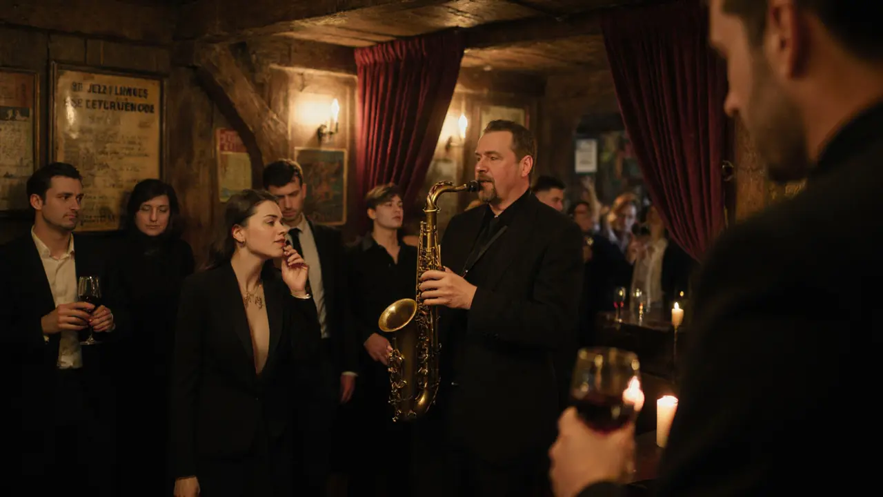 A jazz cellar at night with a saxophonist playing as a quiet crowd listens intently.