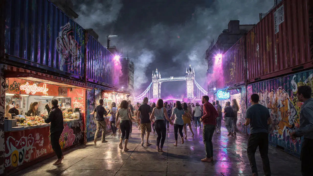 A late-night party in Boxpark Shoreditch with shipping containers lit by neon, people dancing under strobe lights at 1 a.m.