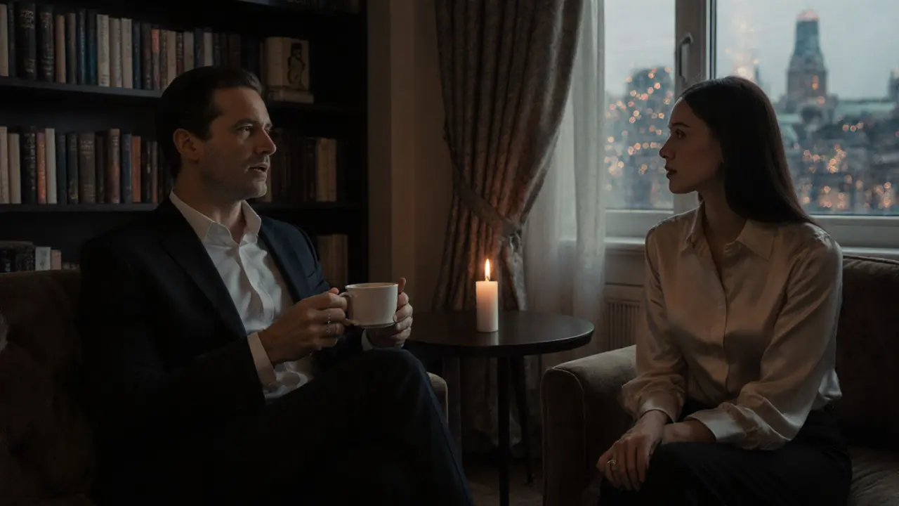 A man and woman sitting together in a refined Mayfair room, sharing a moment of emotional connection.