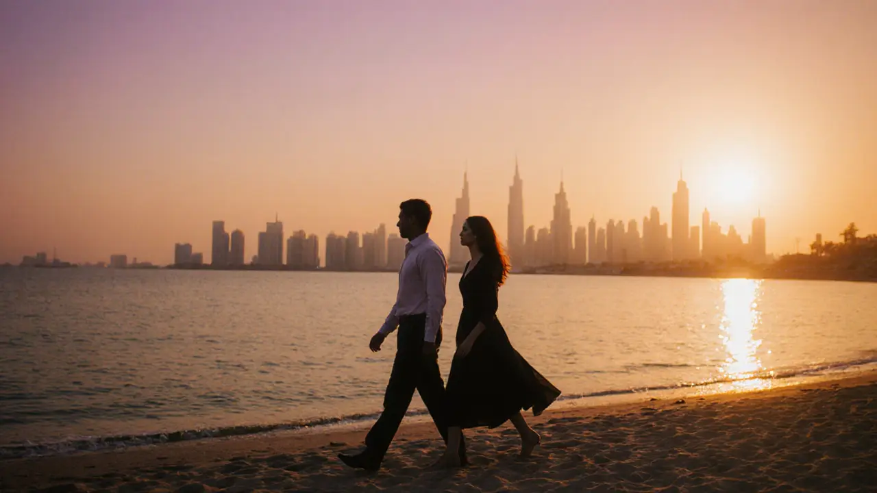 A man and woman walking along Jumeirah Beach at sunset, sharing a peaceful, authentic moment.