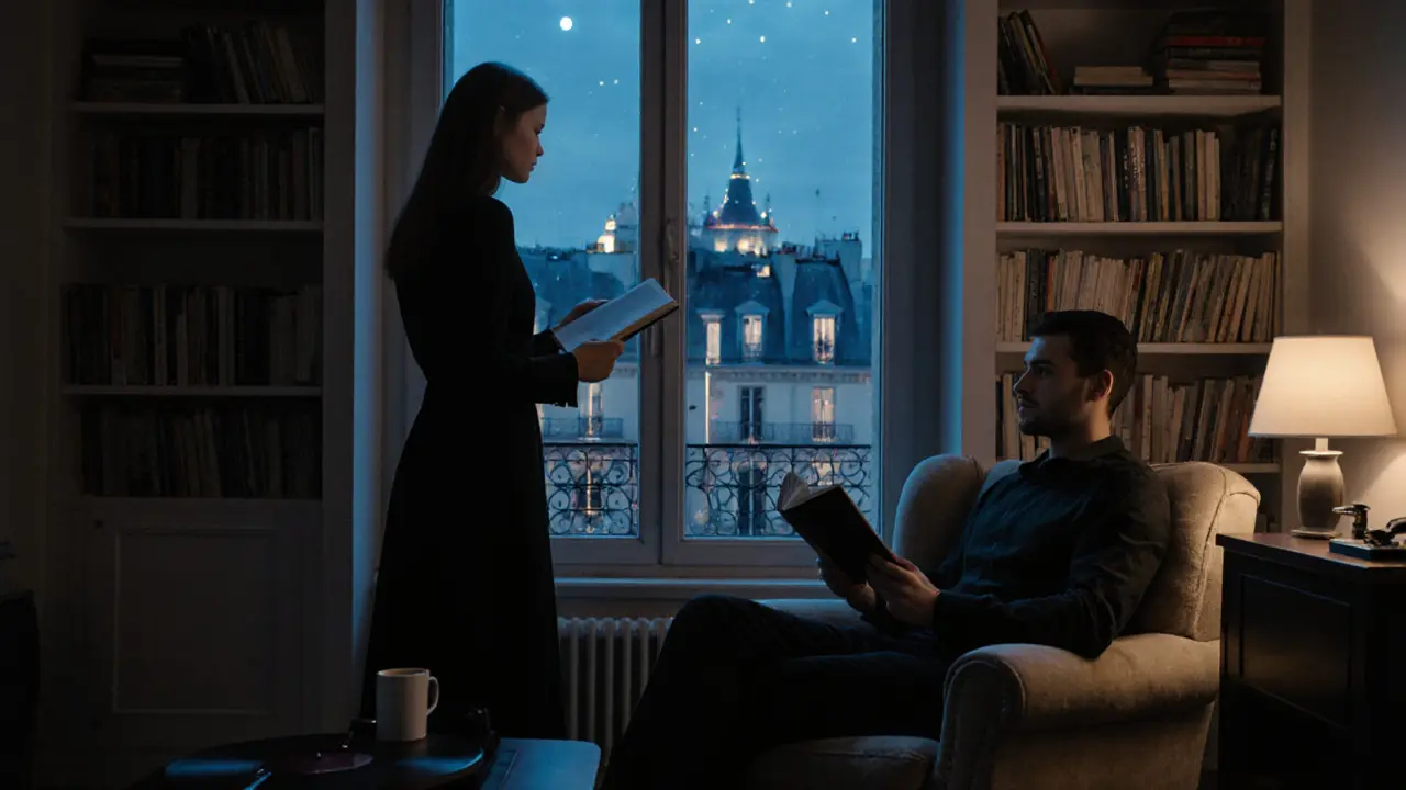 A man reading in a cozy Paris apartment while a woman looks out at Montmartre&#039;s lights at night.