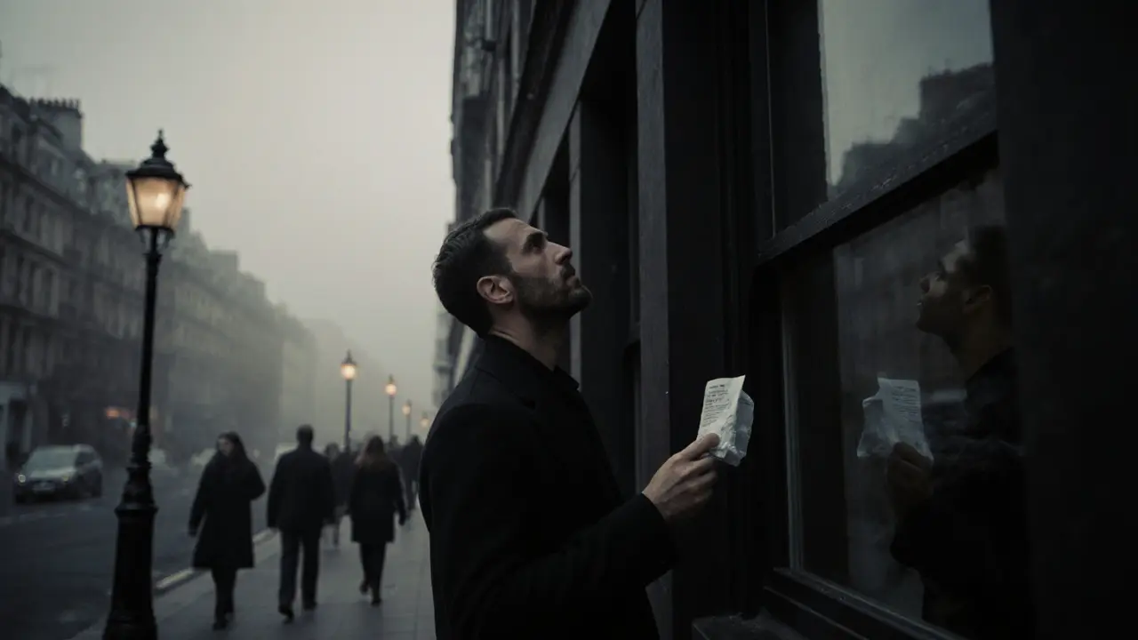 A man staring at a dark apartment window at dawn, holding a receipt, misty London street behind him.