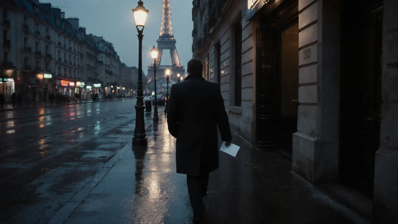 A man walking away from a residential building in rainy Paris at dusk, holding an envelope.