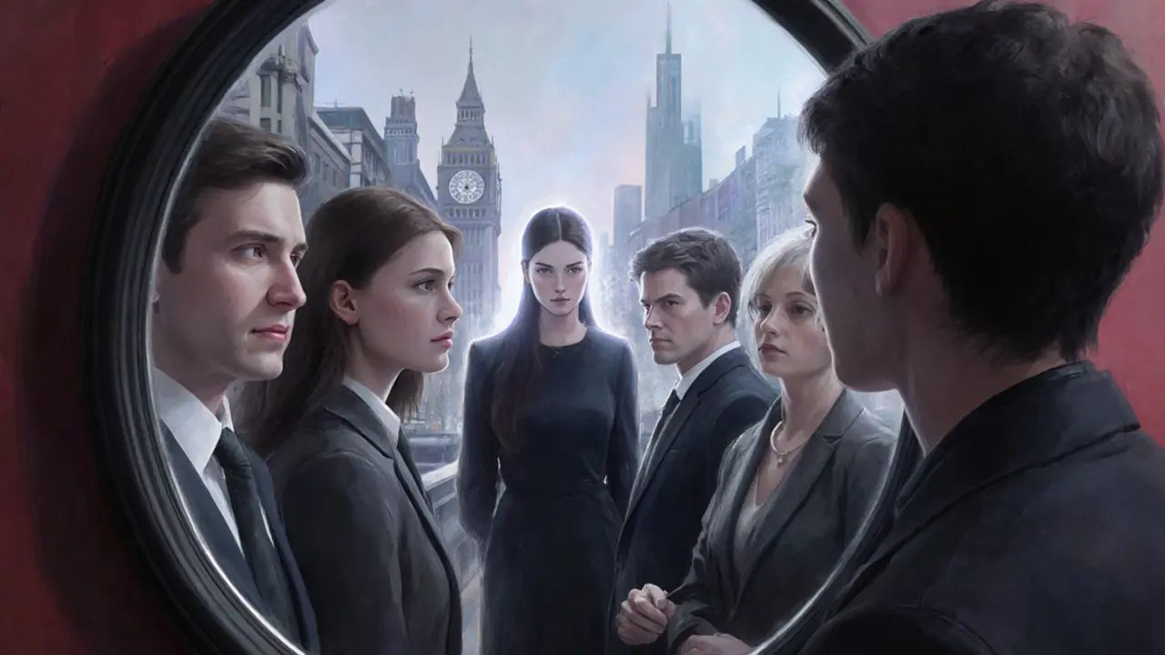 A mirror reflects diverse Londoners seeing the face of an escort behind them, symbolizing emotional connection.