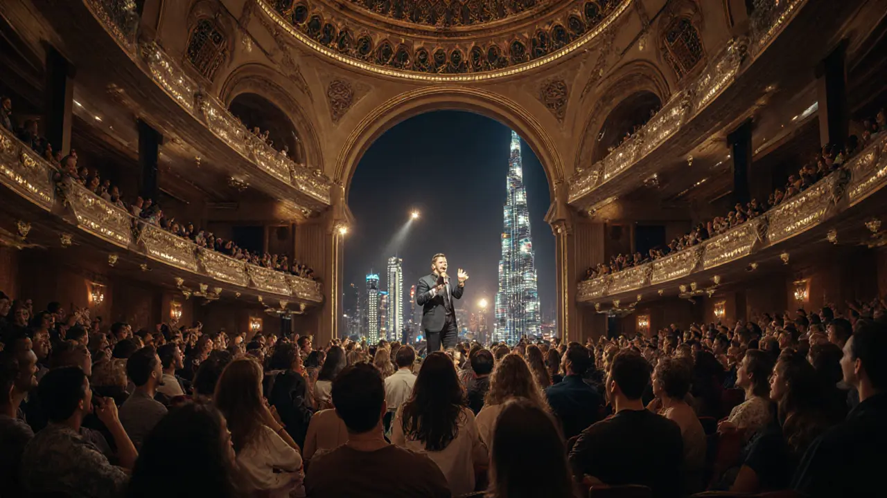 A packed Dubai Opera comedy night with the Burj Khalifa glowing in the background as people laugh together.
