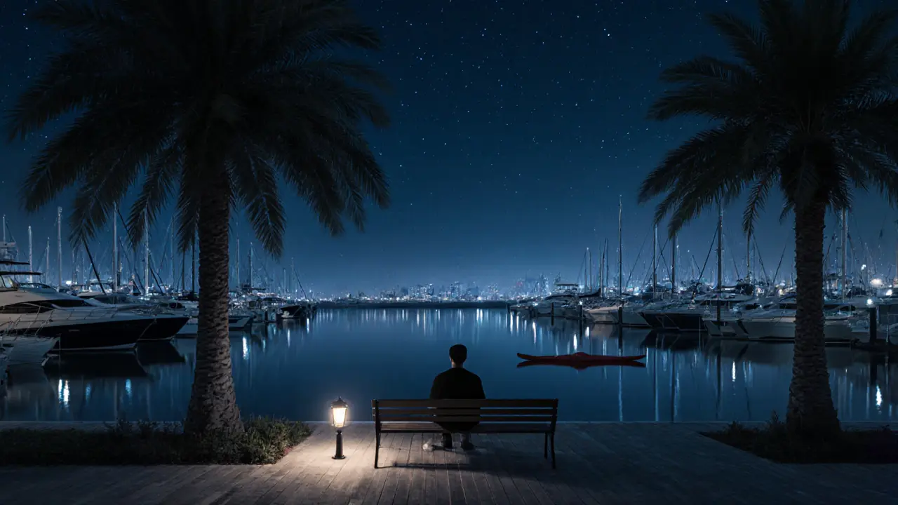 A peaceful marina walk at midnight with a solitary figure on a bench, yachts glowing softly on calm water.