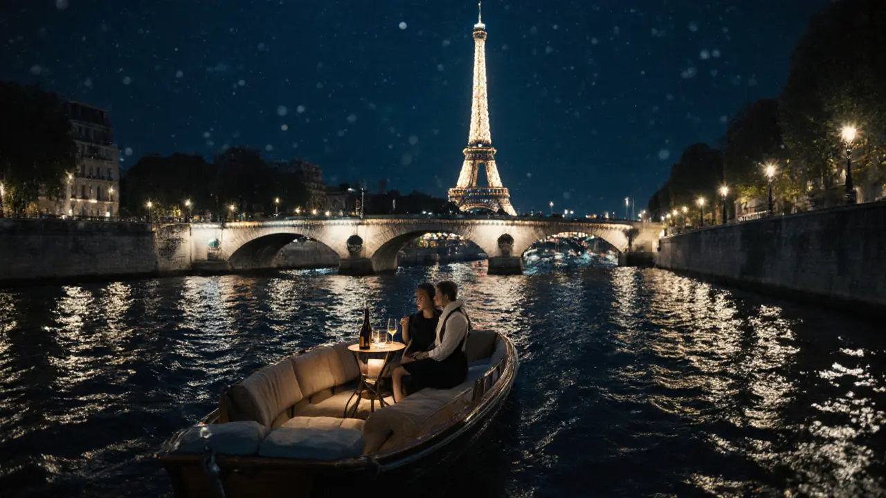 A private boat drifts on the Seine at night, the Eiffel Tower sparkling in the distance as a couple enjoys quiet company.