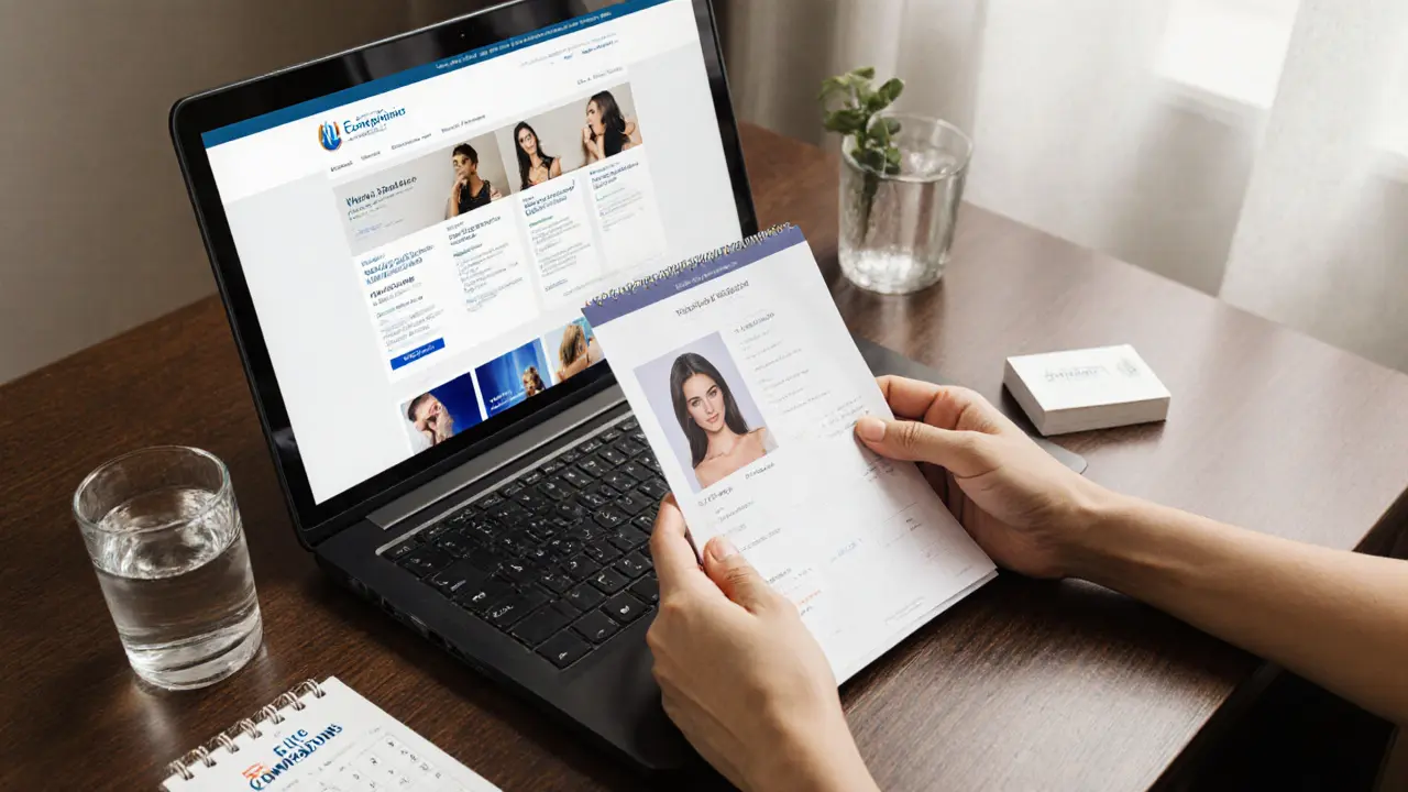 A professional escort&#039;s profile document and agency website displayed on a desk beside a business card and glass of water, no faces shown.