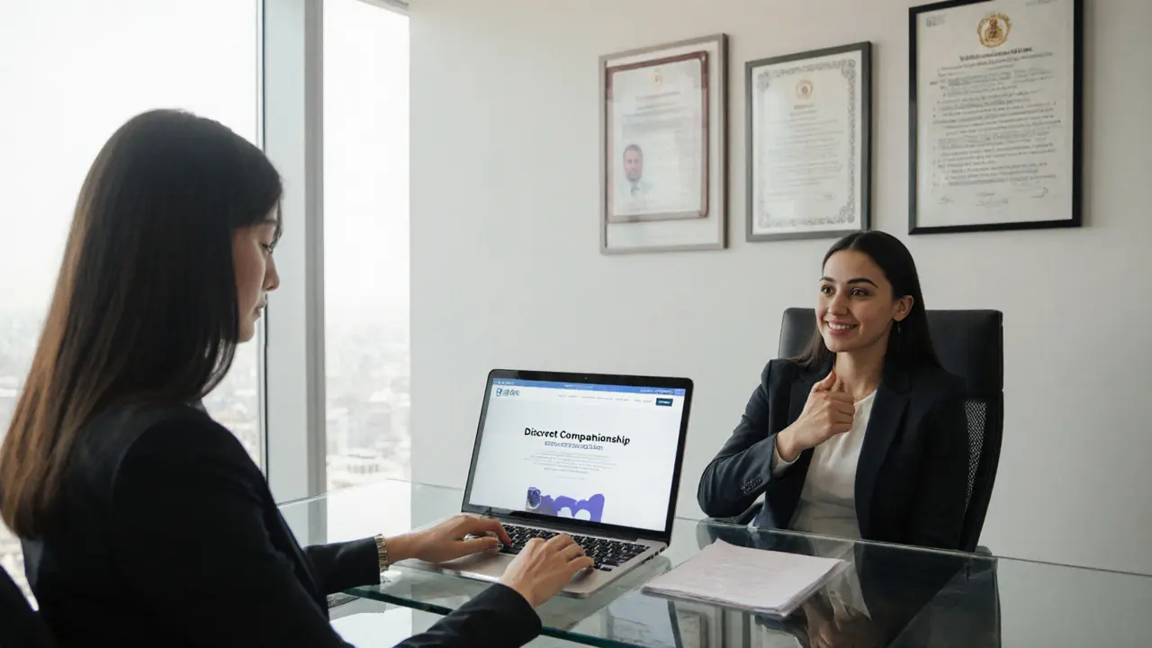 A professional escort agency office in Dubai with a clean, modern interior and visible privacy policies.