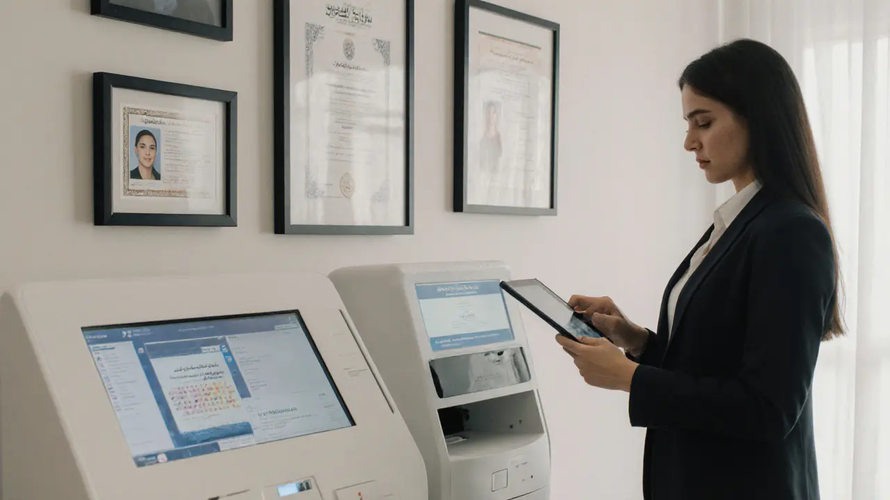 A professional escort agency office with a secure booking kiosk and verified credentials on display.