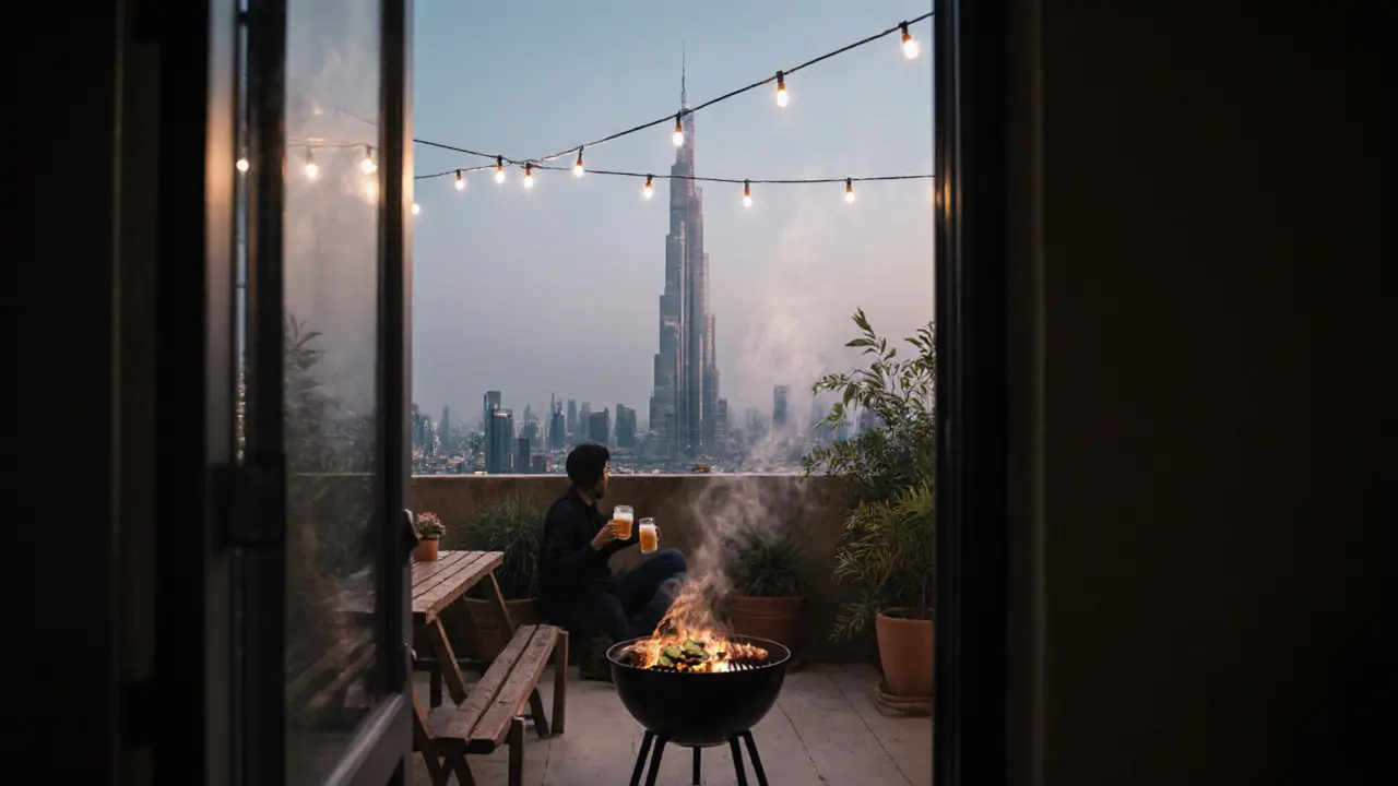 A quiet rooftop garden with string lights and a view of the Burj Khalifa from an unexpected angle.