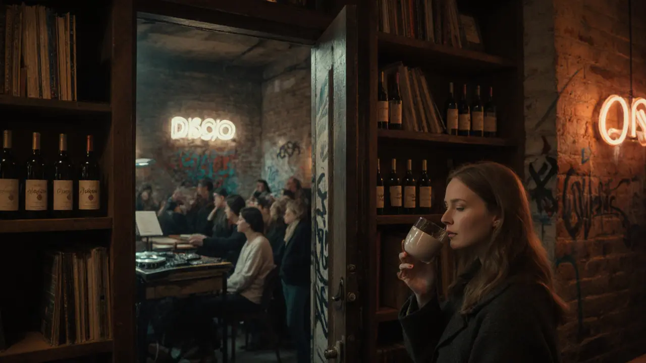 A secret 2025 jazz session in a hidden room behind bookshelves, lit by warm neon and vinyl records.