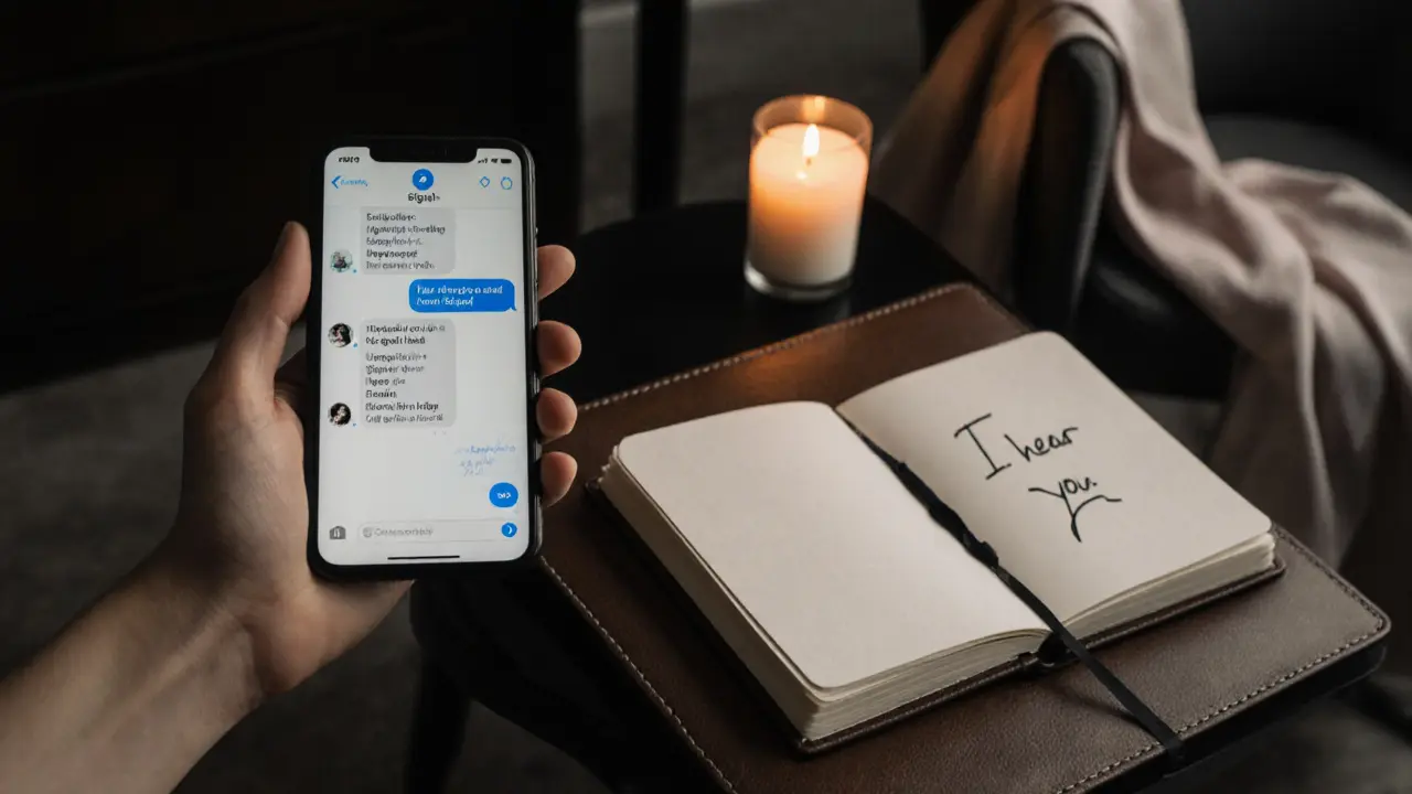 A smartphone shows an encrypted message next to a notebook with the handwritten note &#039;I hear you.&#039;