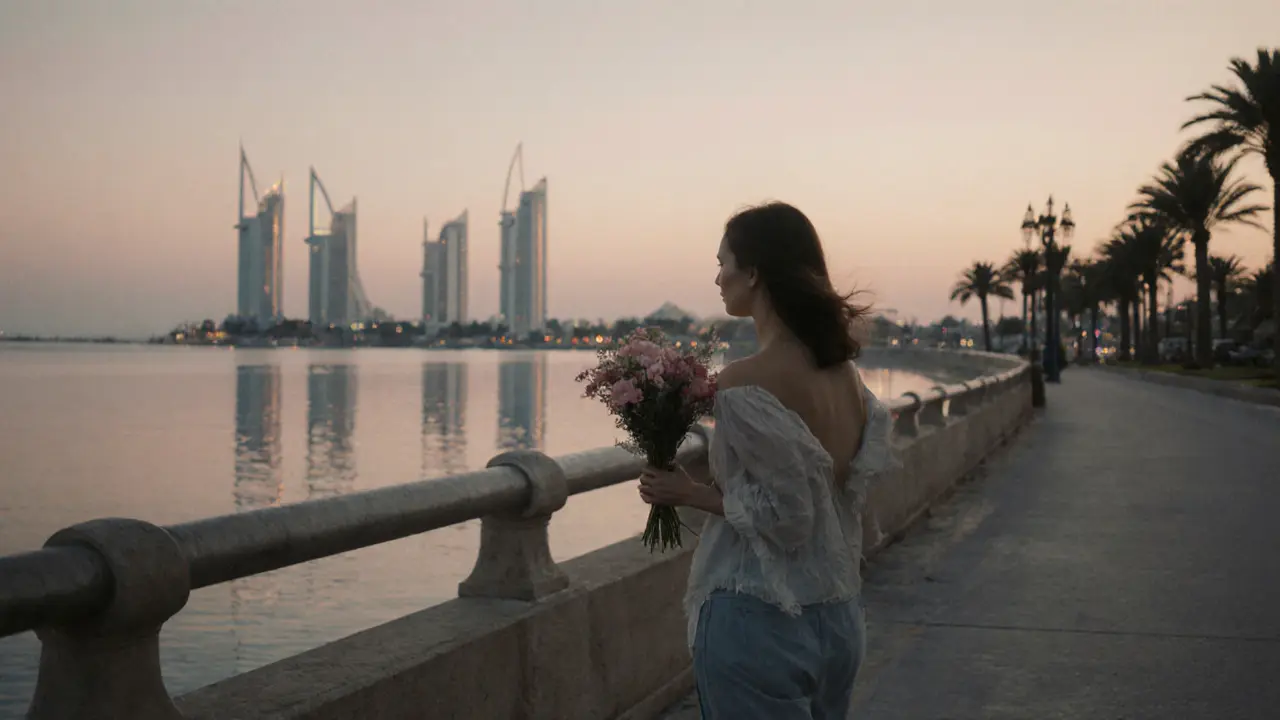 A solitary figure walking along Abu Dhabi&#039;s waterfront at dusk, reflecting on connection and solitude.
