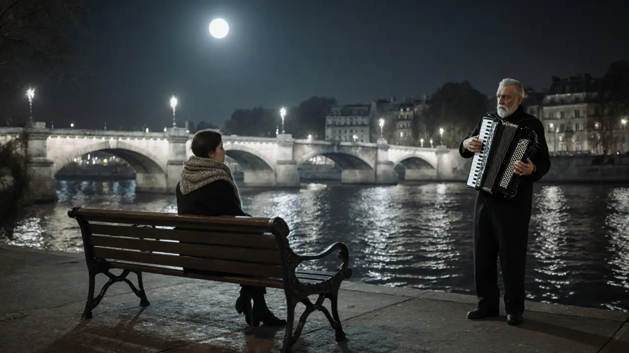 A solitary person sits on a Seine bench at midnight, illuminated bridge and accordion player in the distance.