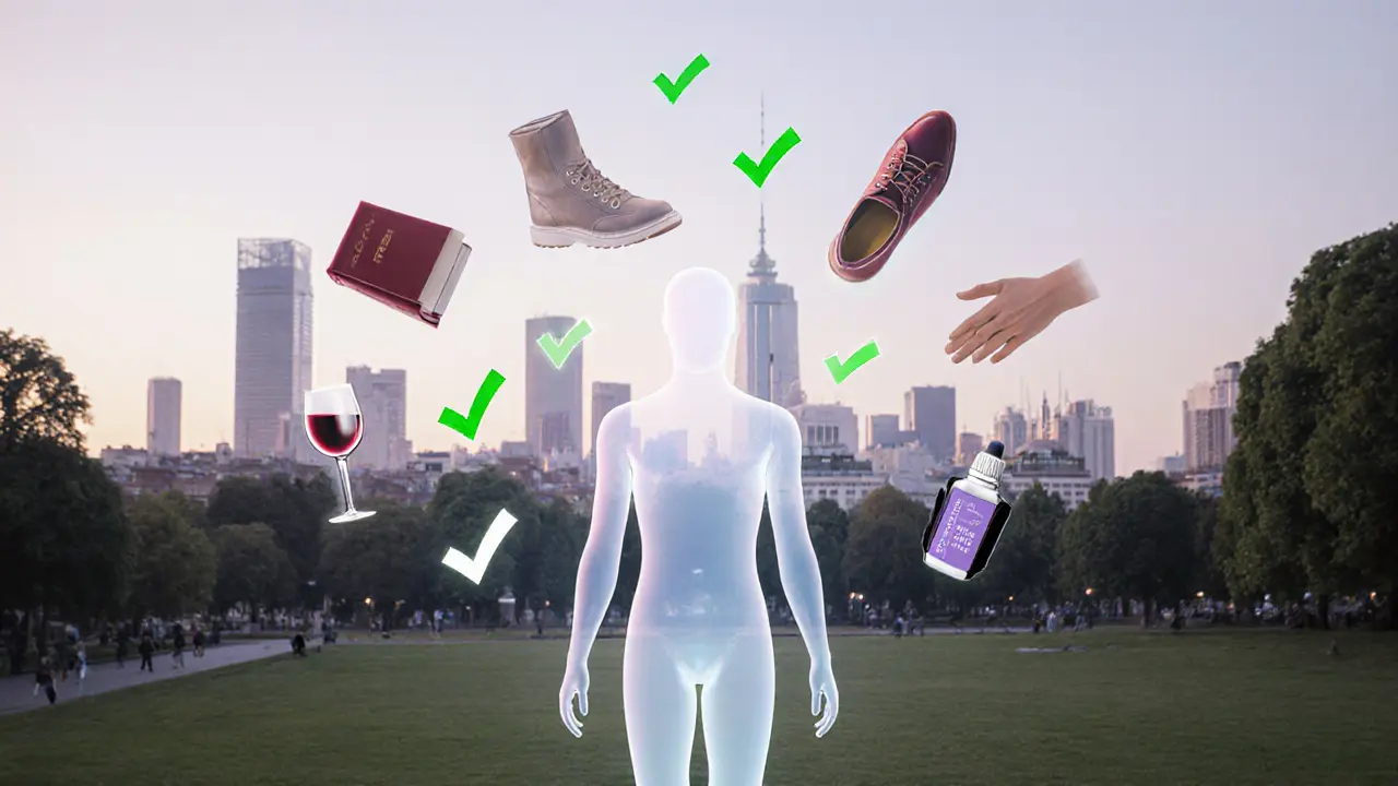 A transparent figure in Tiergarten park surrounded by floating symbols of companionship, massage, and consent.