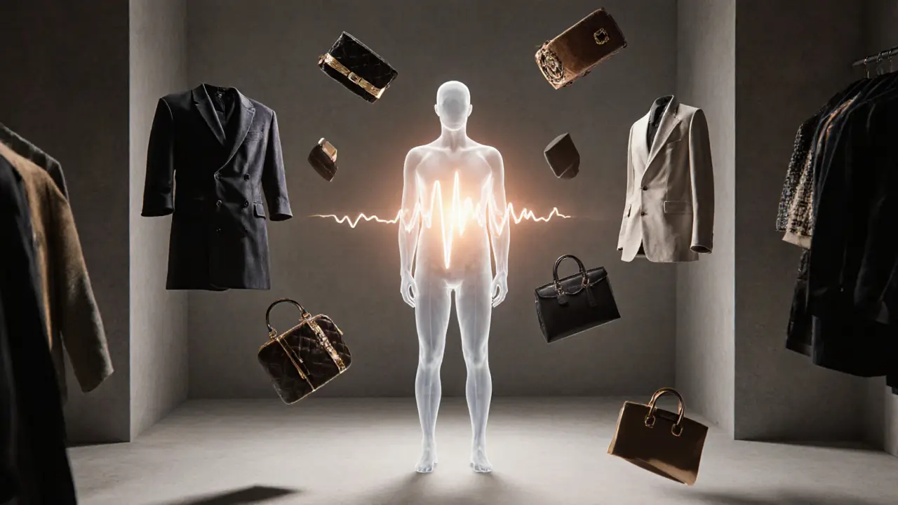 A transparent figure stands amid falling luxury items, with only a warm light around their heart remaining, symbolizing authentic presence.