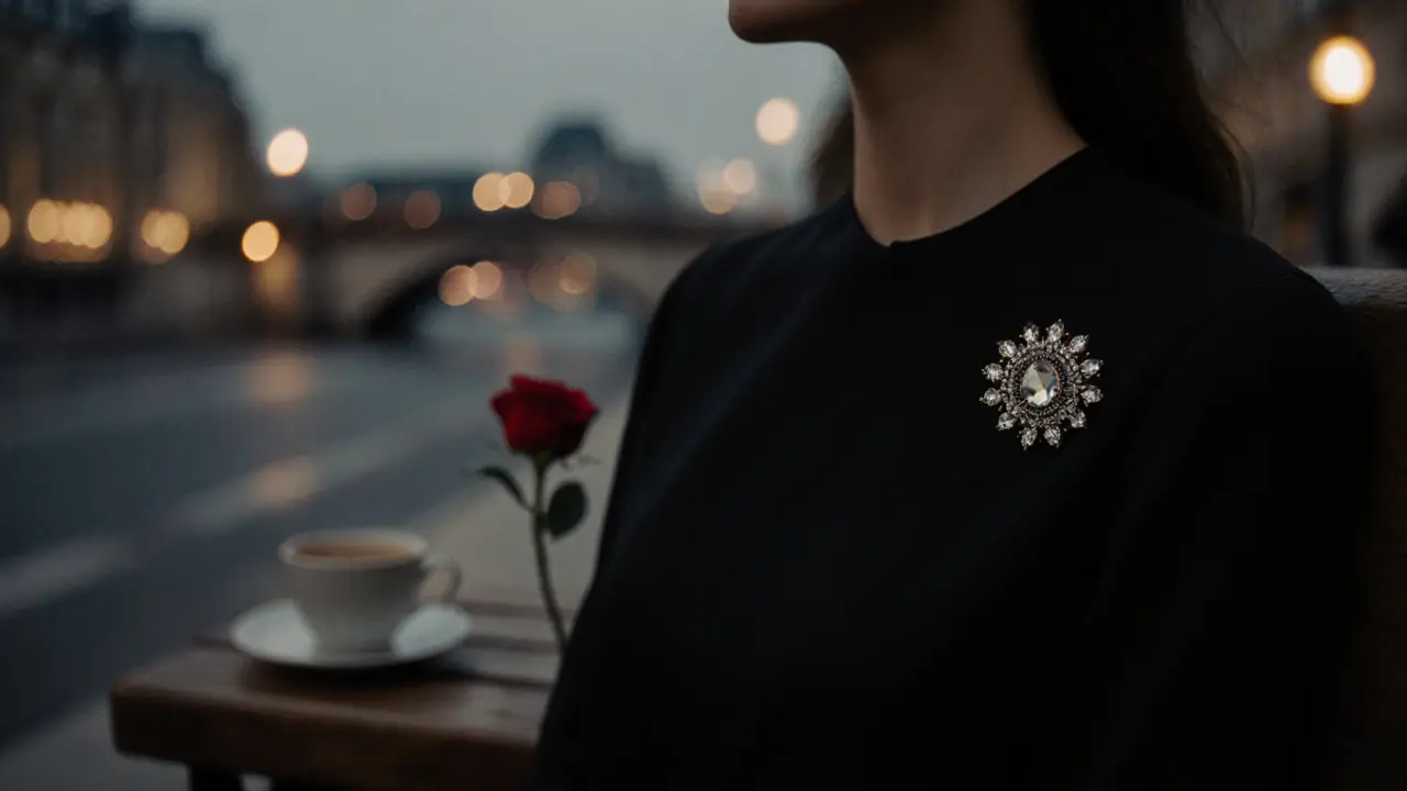 A vintage brooch and red rose rest on a bench beside an empty cup, symbolizing thoughtful, unseen care.