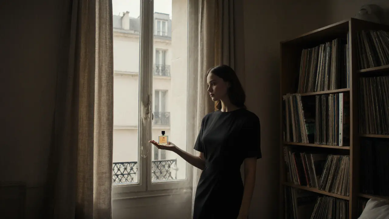 A woman in a simple dress holding a bottle of perfume in a book-lined Paris apartment.