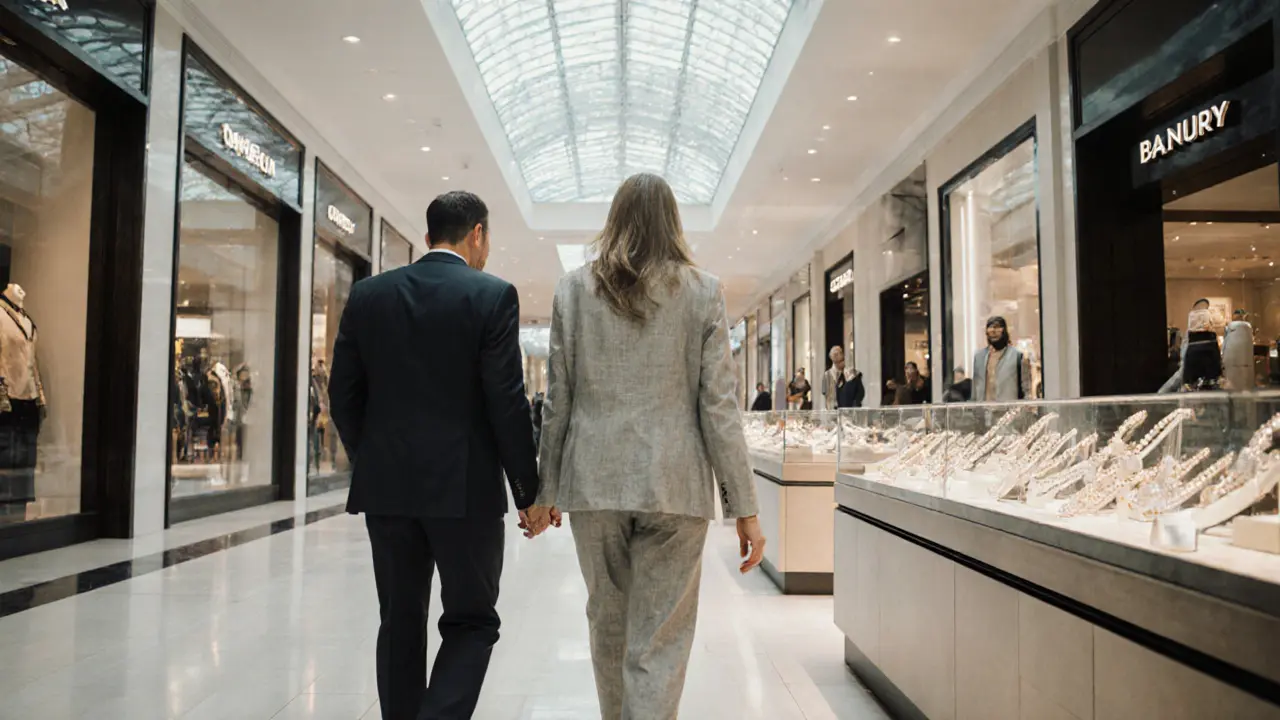 A woman in a sophisticated suit guides a client through a luxury mall, both blending into the upscale environment.