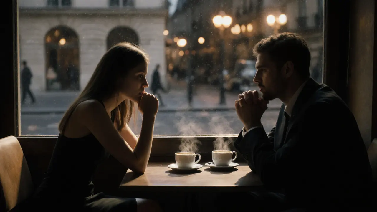 A woman listens deeply to a man in a Paris café, no devices, no pretense—just quiet human presence.
