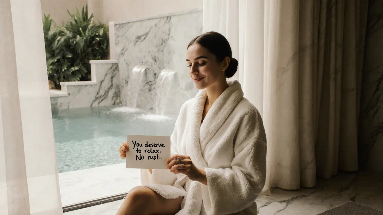 A woman relaxing in a spa robe, holding a kind note, surrounded by tranquil luxury.