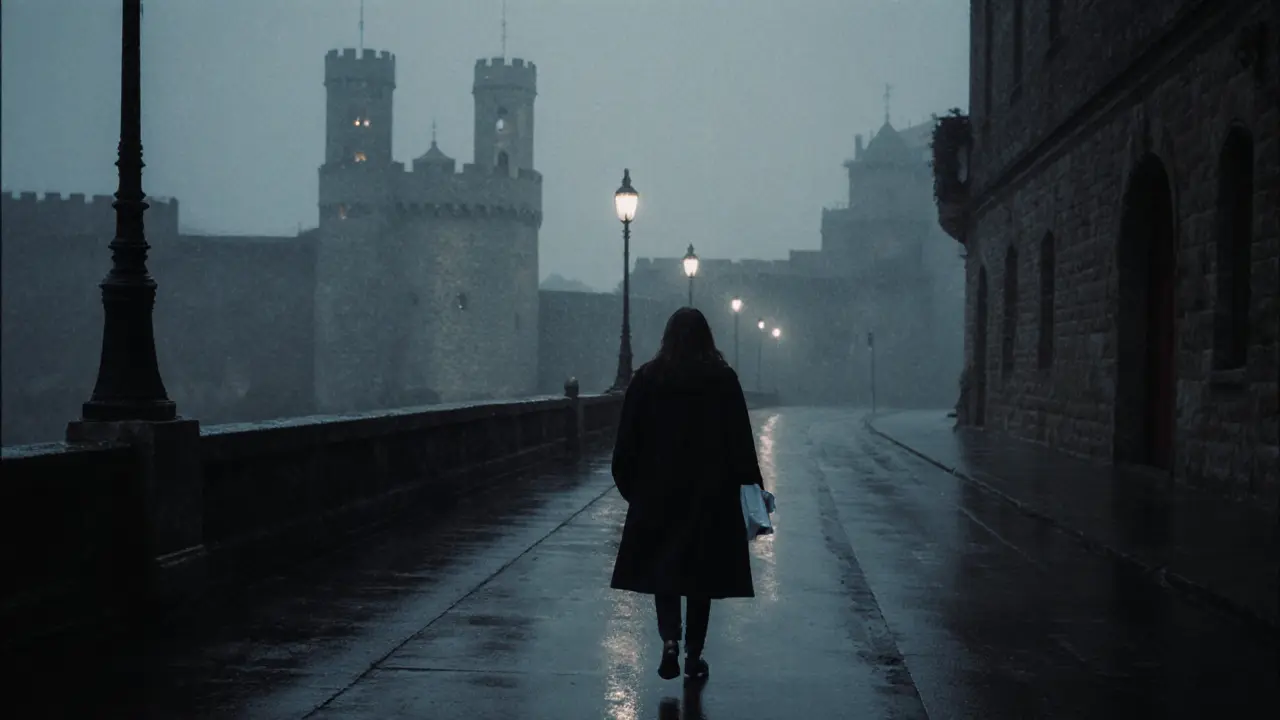 A woman walking alone near Sforza Castle at dawn under soft streetlamps