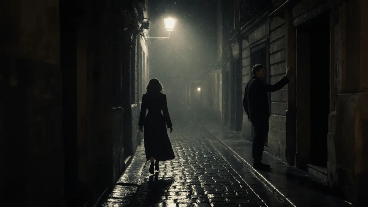 A woman walks away down a rain-drenched Paris alley, leaving a man stunned in the doorway behind her.
