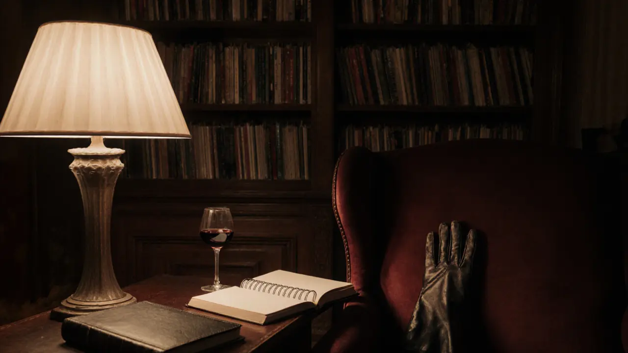 An empty armchair in a luxurious Milan study, with books, wine, and a silk glove suggesting quiet companionship.