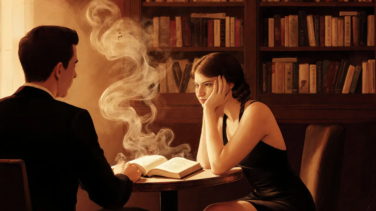 An escort listens intently to a client in a cozy Soho jazz bar, books and piano music in the background.