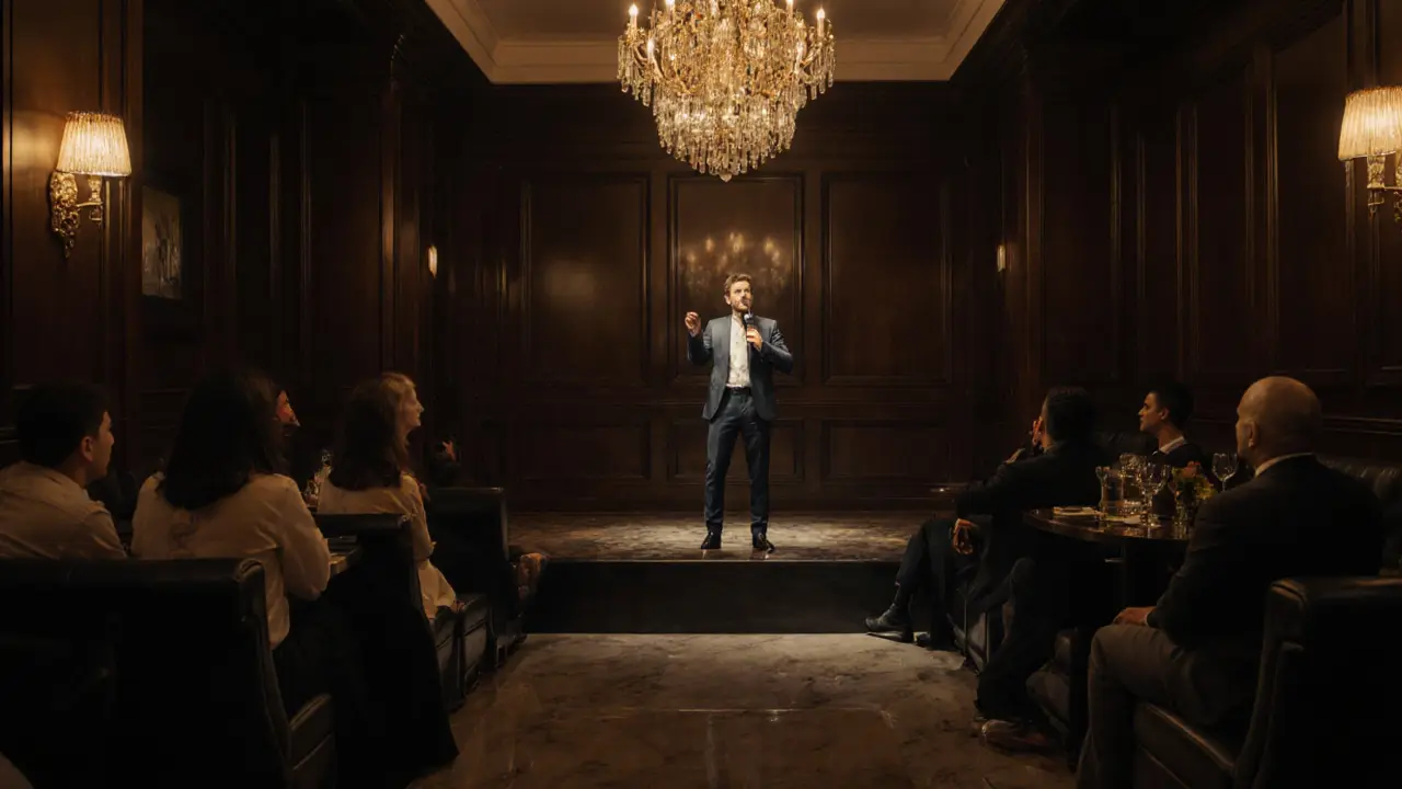 An intimate comedy show in a luxury hotel basement with a comedian performing to a small, captivated audience.