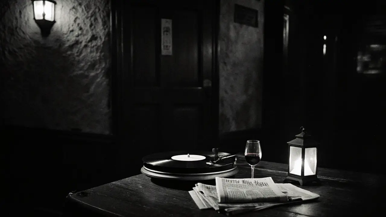 An intimate underground lounge with a spinning vinyl record and a glass of wine, no people, silent and moody.