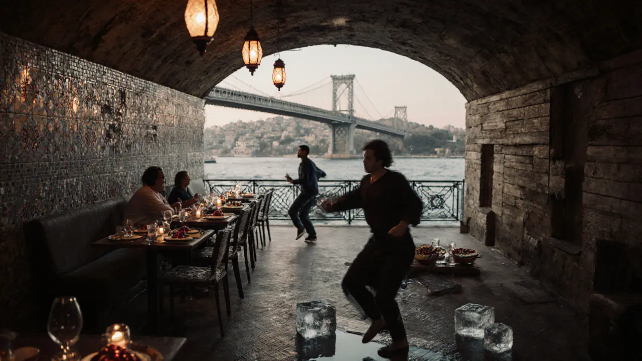 An underground tunnel venue with Ottoman tiles and live traditional music beneath a bridge.