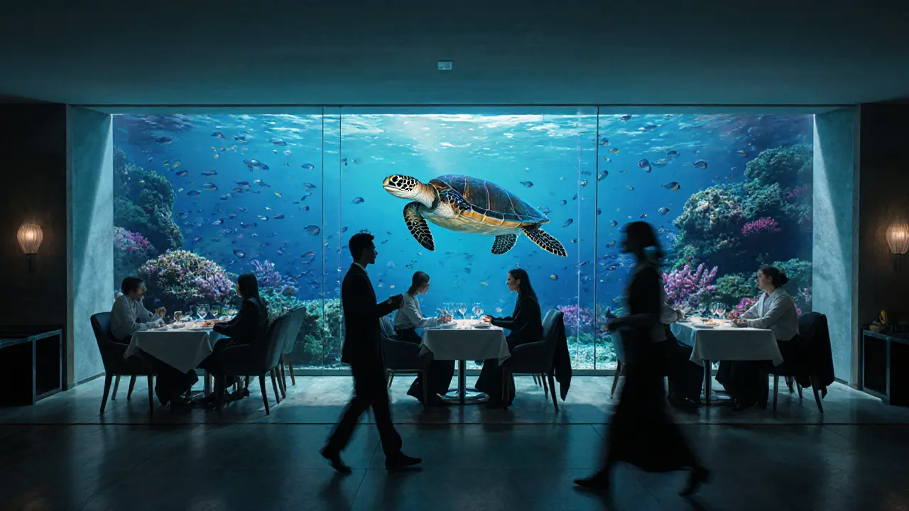 An underwater restaurant with diners surrounded by coral and a sea turtle gliding past the glass window.