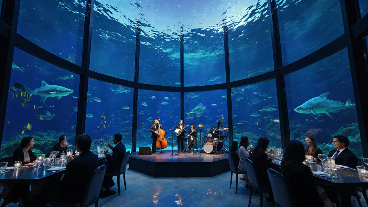 An upscale underwater restaurant with a jazz band playing as marine life glides past glass walls.