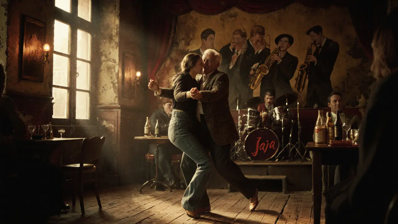 Crowd dancing in a vintage Parisian hall with live jazz and peeling walls.
