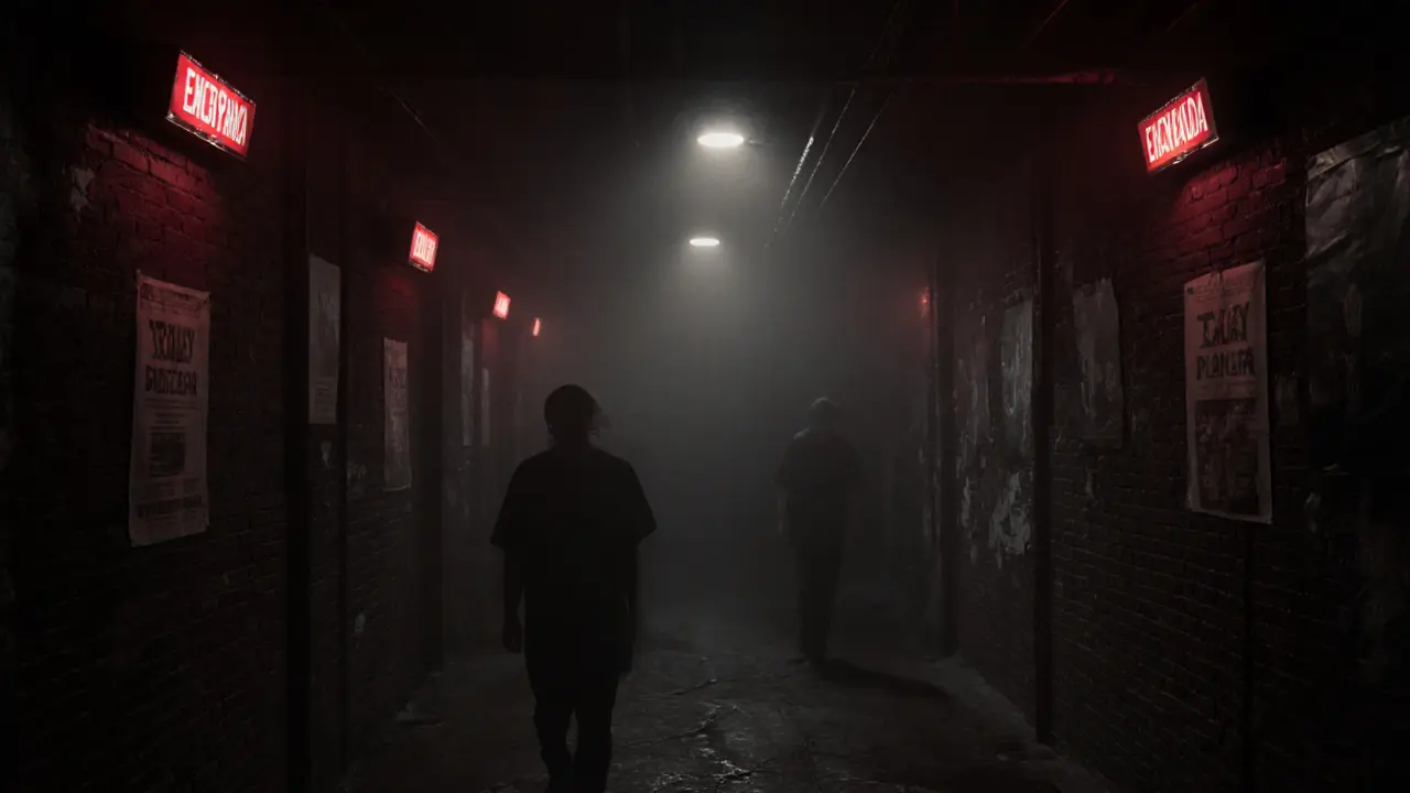 Dark underground club interior with red lighting and silhouettes dancing to deep bass music.