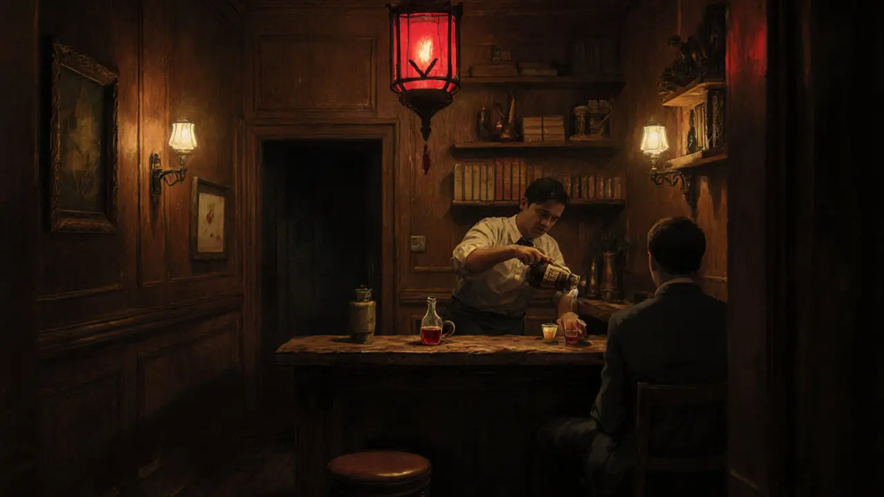 Dimly lit hidden bar with a red lantern, bartender pouring plum brandy in a cozy, wood-paneled interior.