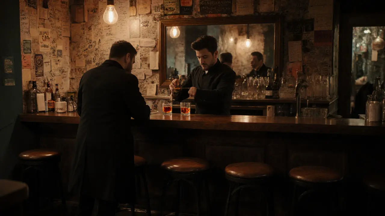 Dimly lit historic bar with a bartender stirring a classic cocktail, walls covered in vintage memorabilia.