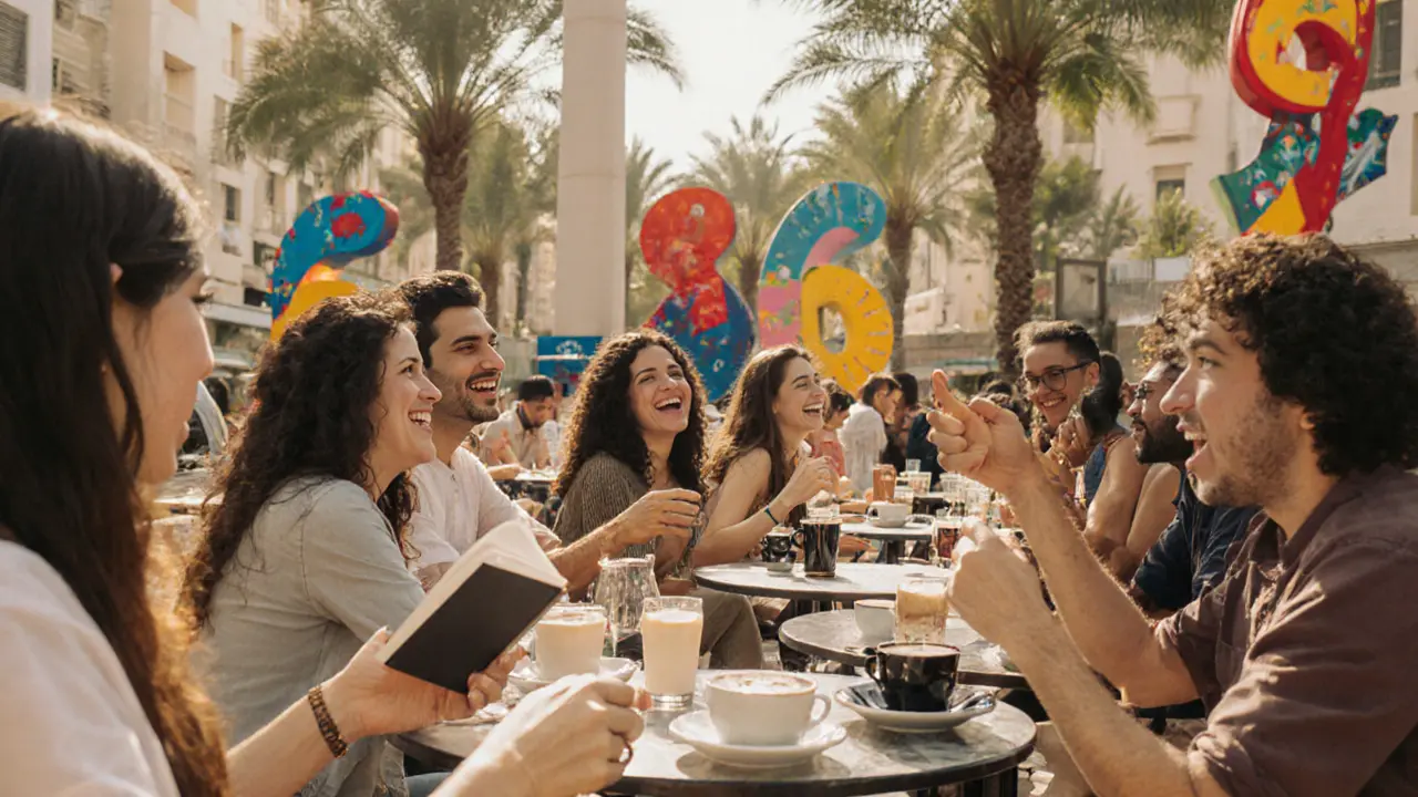Diverse expats socializing outdoors in Dubai, laughing and enjoying coffee among colorful art installations.