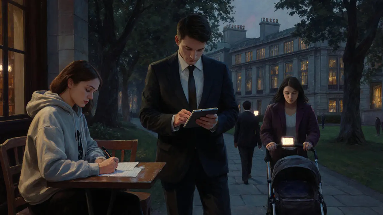 Diverse professionals—students, parents, freelancers—going about their day with quiet strength.