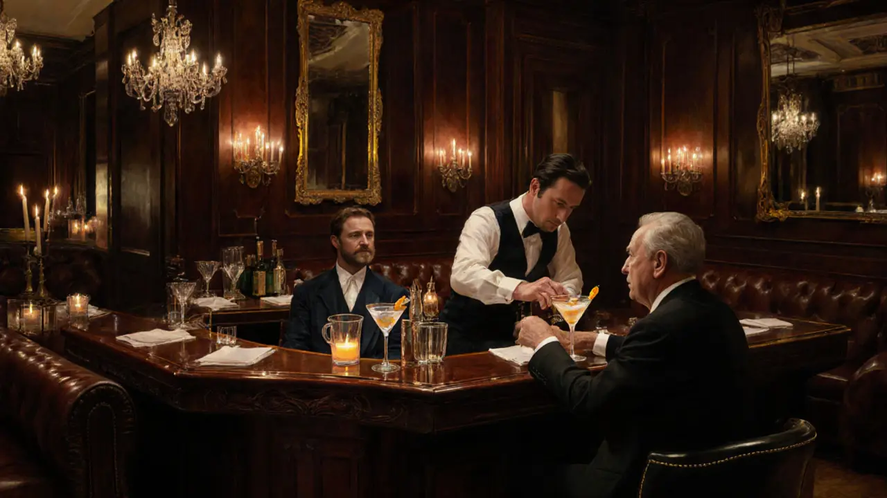 Elegant bar interior with dark wood, leather booths, and a mixologist preparing a classic martini.