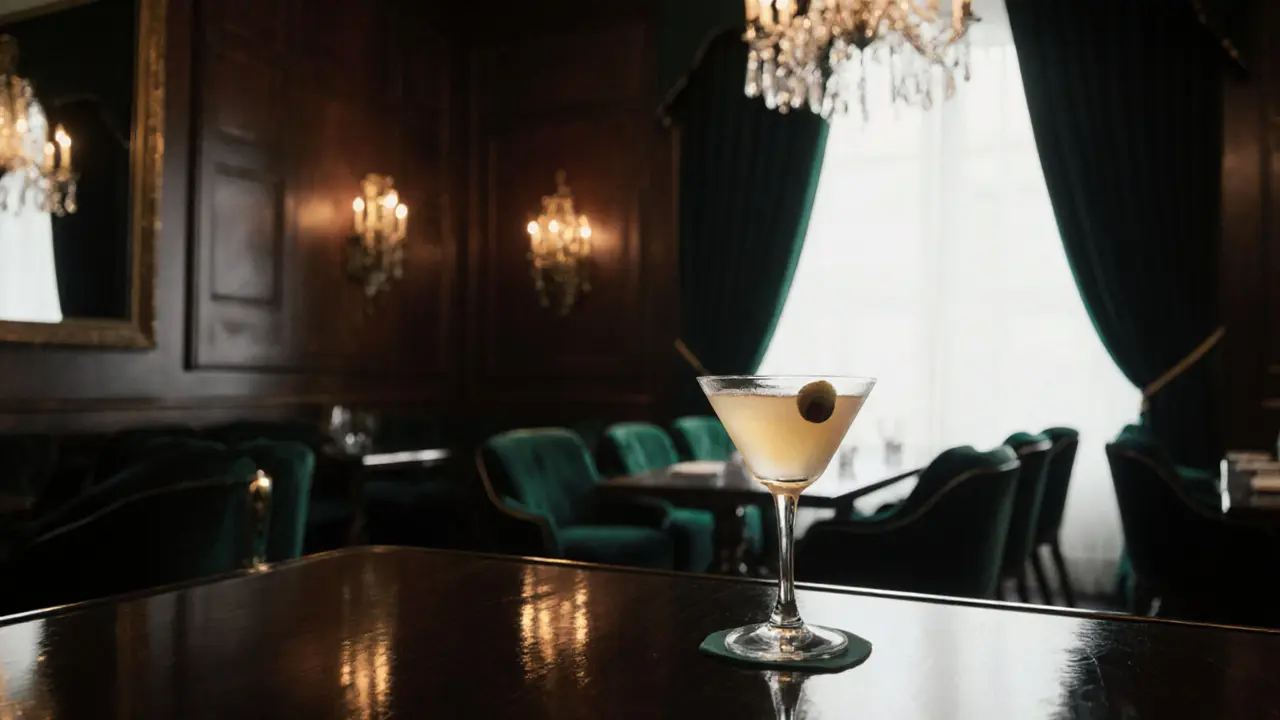 Elegant bar with velvet curtains and candlelit cocktail glass in warm dim light.