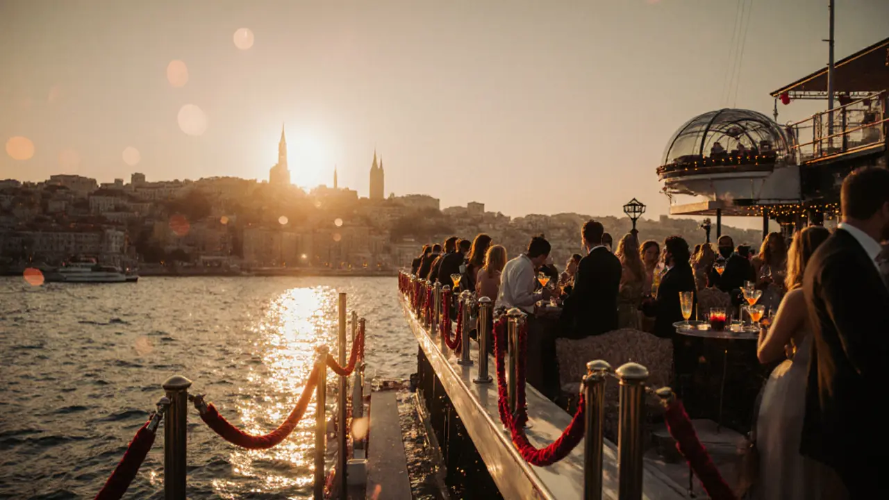 Elegant guests at Reina nightclub on the Bosphorus at sunset, city lights glowing behind them.