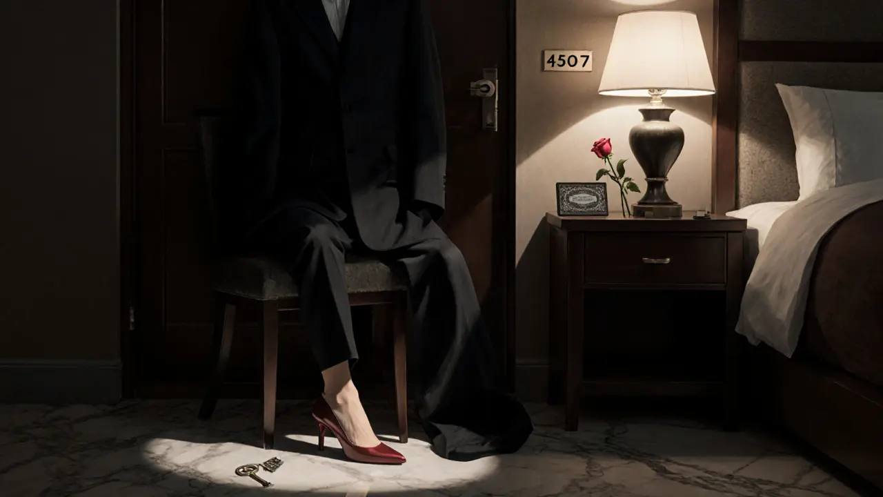 Elegant hotel room scene with a single high heel and rose, no faces visible.