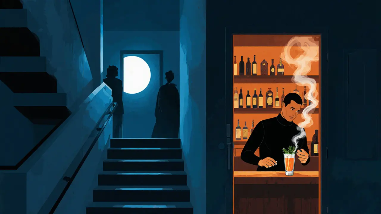 Hidden bar entrance with no handle, candlelit interior, and bartender mixing drinks in shadow.
